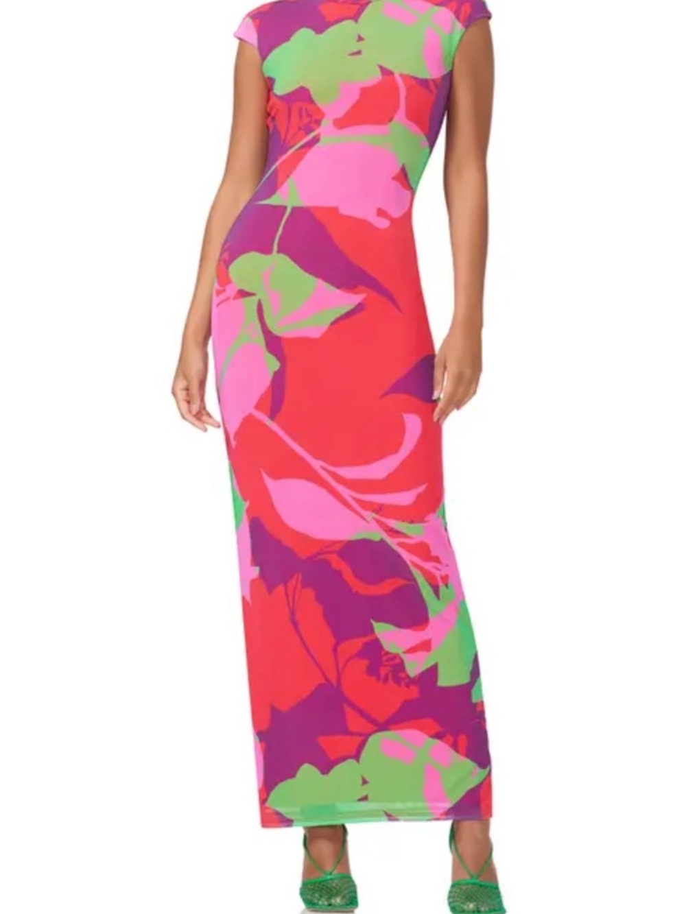 AFRM Neon Floral Cap-Sleeve Maxi Dress in Red, Pink & Green